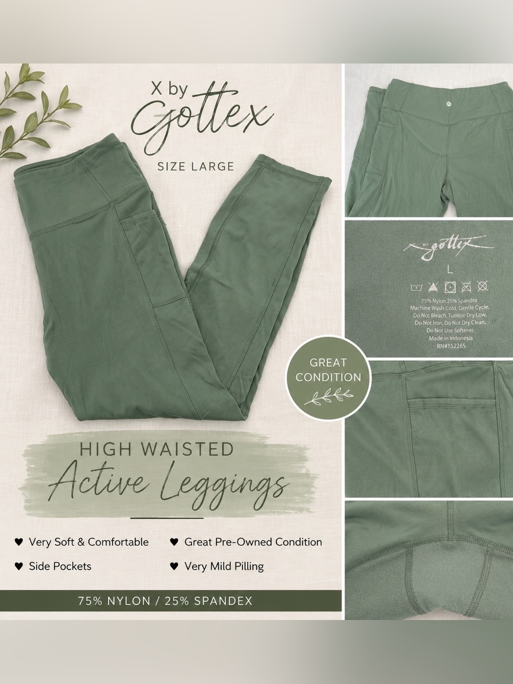 X by Gottex High Waist Sage Green Leggings Side Pockets Size L